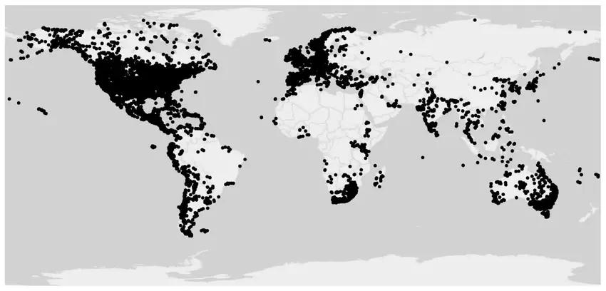 A map showing the global distribution of peregrine falcons.